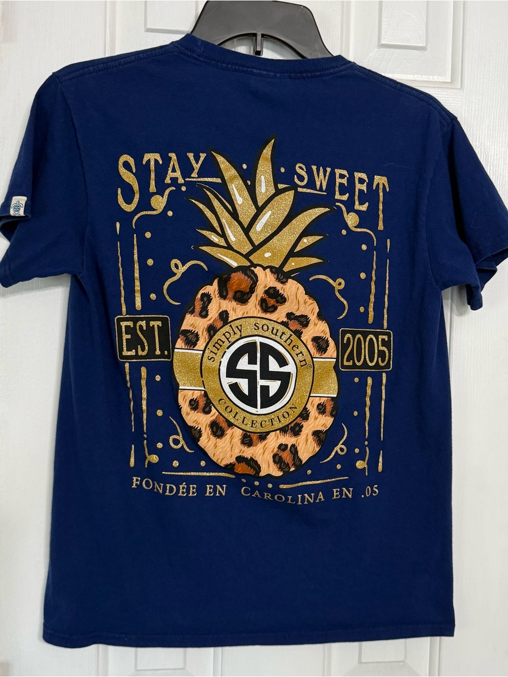 Simply Southern Stay Sweet Leopard Pineapple Graphic T-Shirt Navy Blue Small
